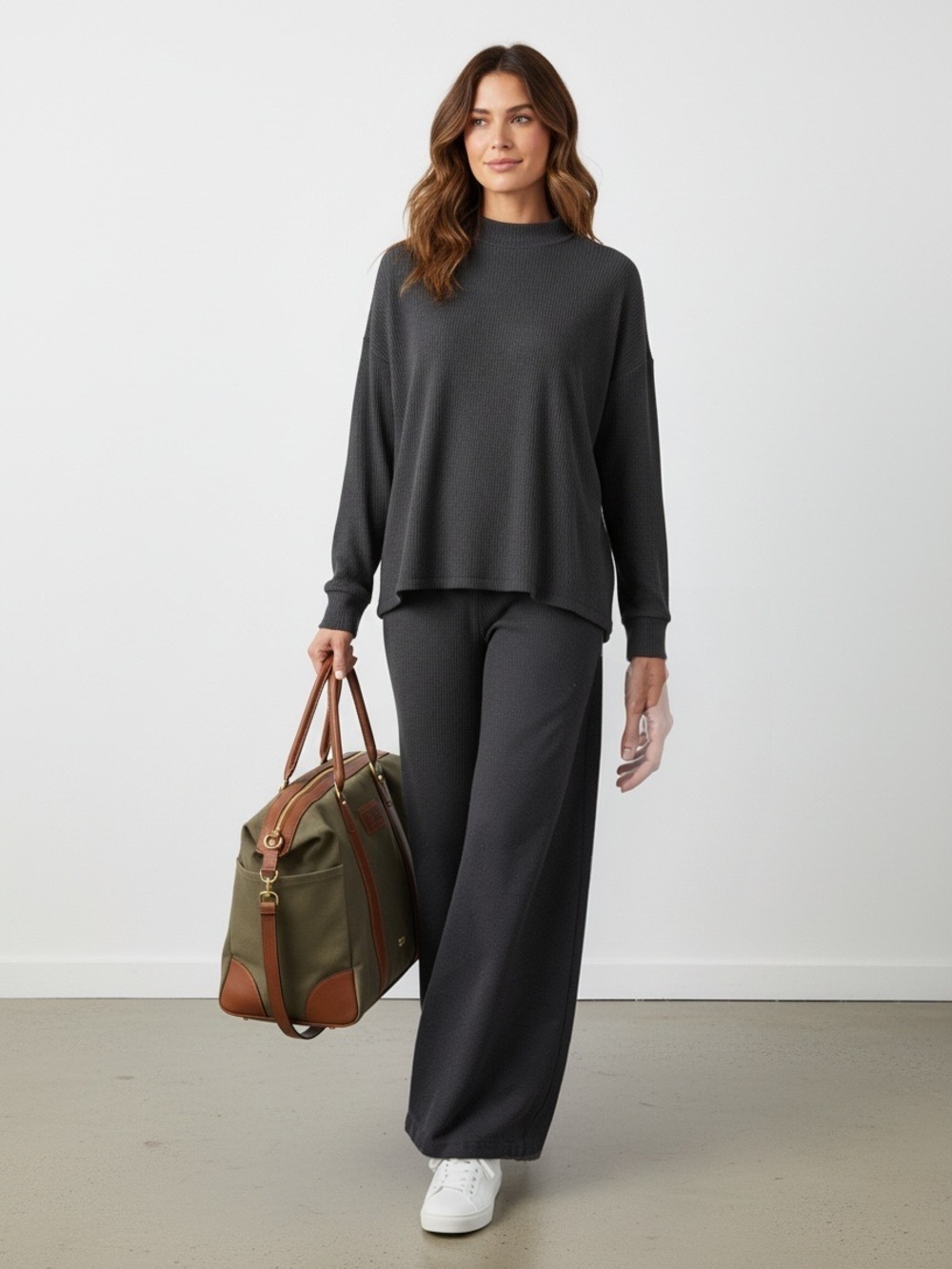 1634 • Black Soft Wavy Ribbed Relaxed Fit Long Sleeve Lounge Set